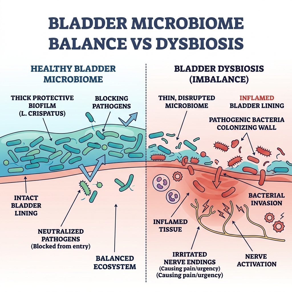 Bladder Microbiome axis infographic showing healthy biofilm versus dysbiosis inflammation